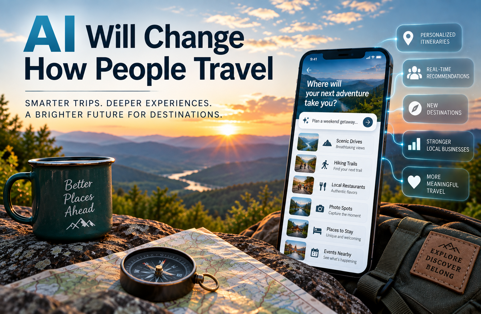 AI Will Change How People Travel graphic featuring a smartphone with personalized travel recommendations, a map and compass overlooking a mountain landscape at sunset, illustrating how AI could transform trip planning and destination discovery.
