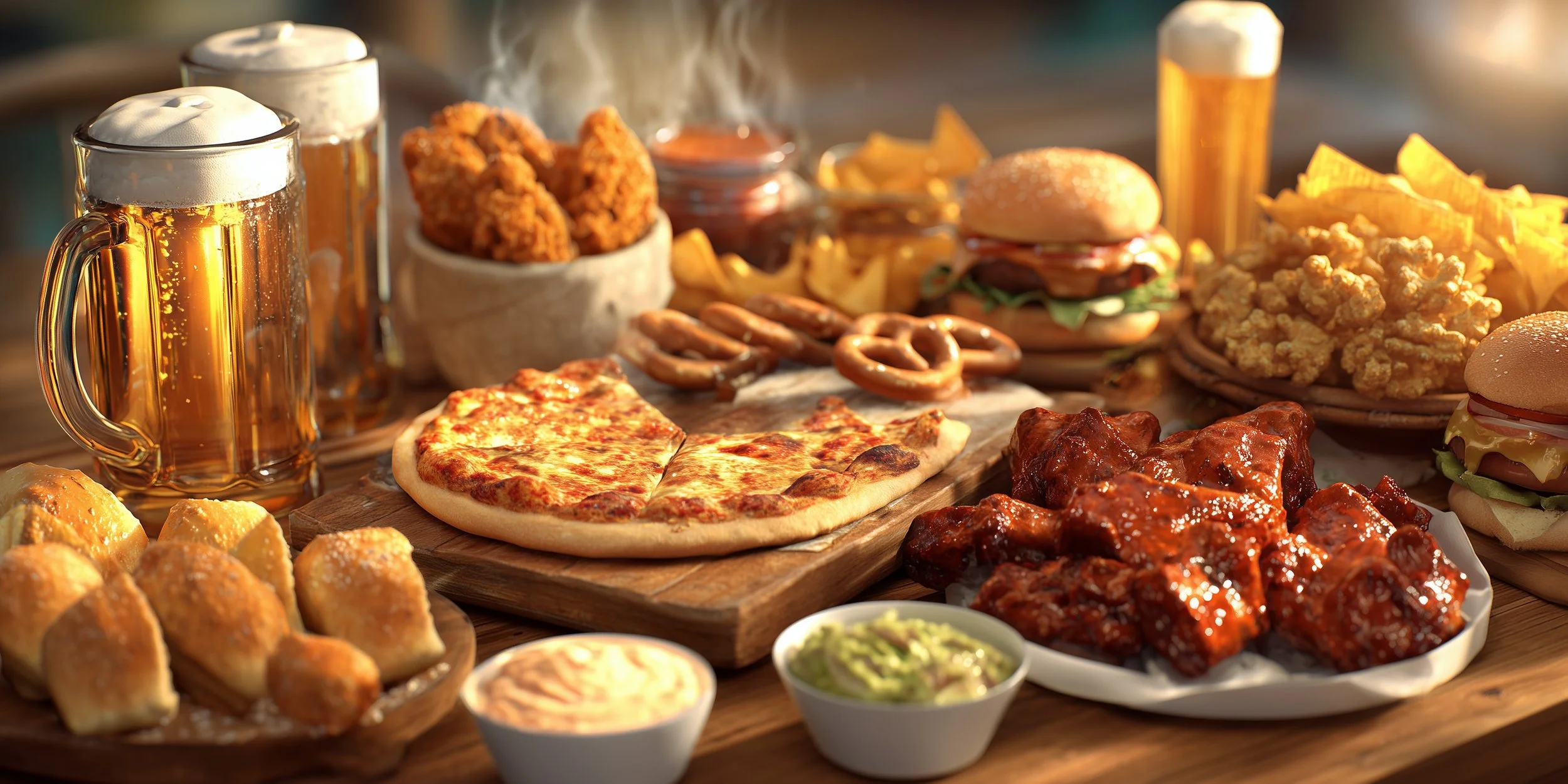 Restaurant table with a variety of food and drinks