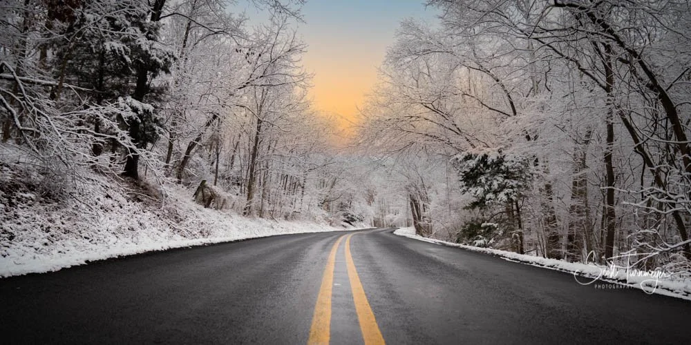 Winter snow on Skyline Drive in Shenandoah National Park Virginia