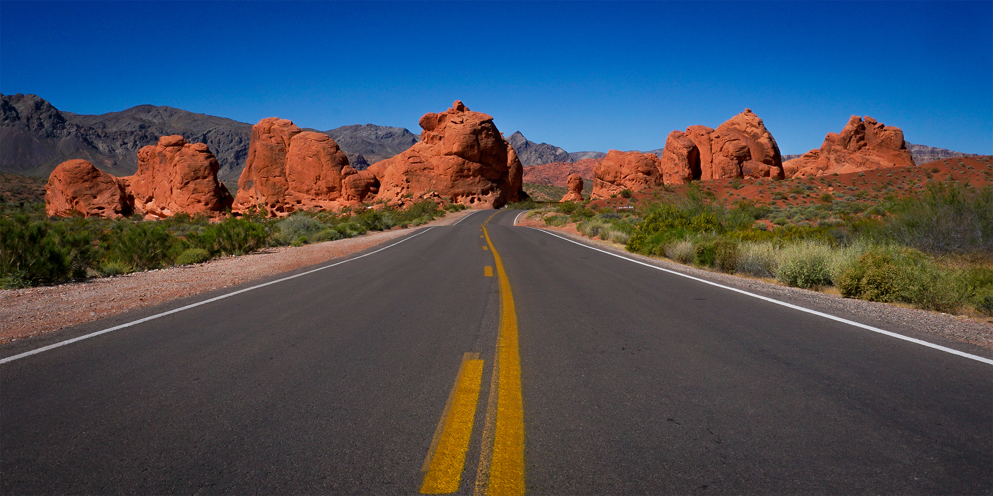 Scenic road through red rock formations in Valley of Fire State Park Nevada