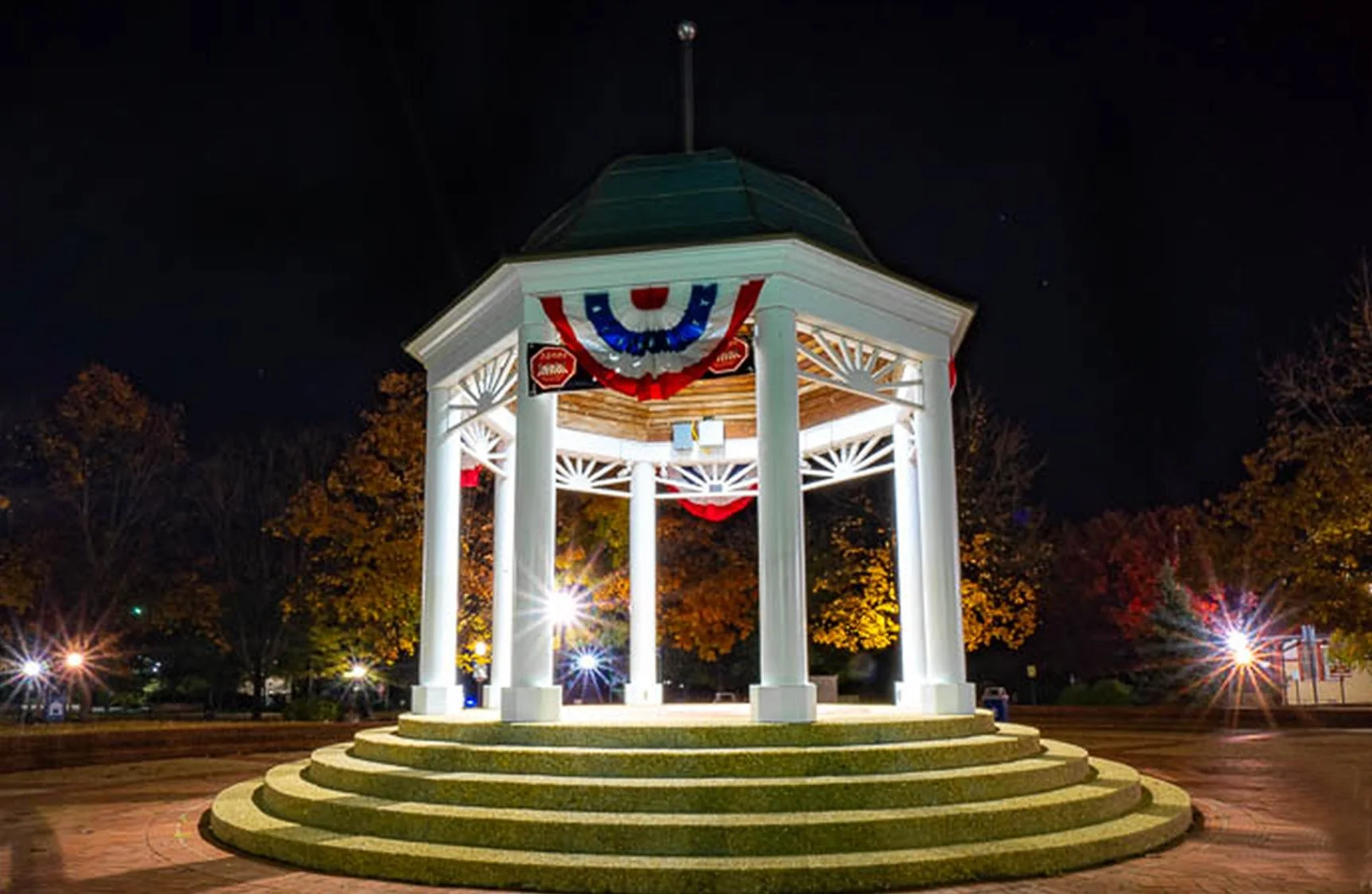 Main Street Gazebo at Night In Front Royal After King Charles III Visit