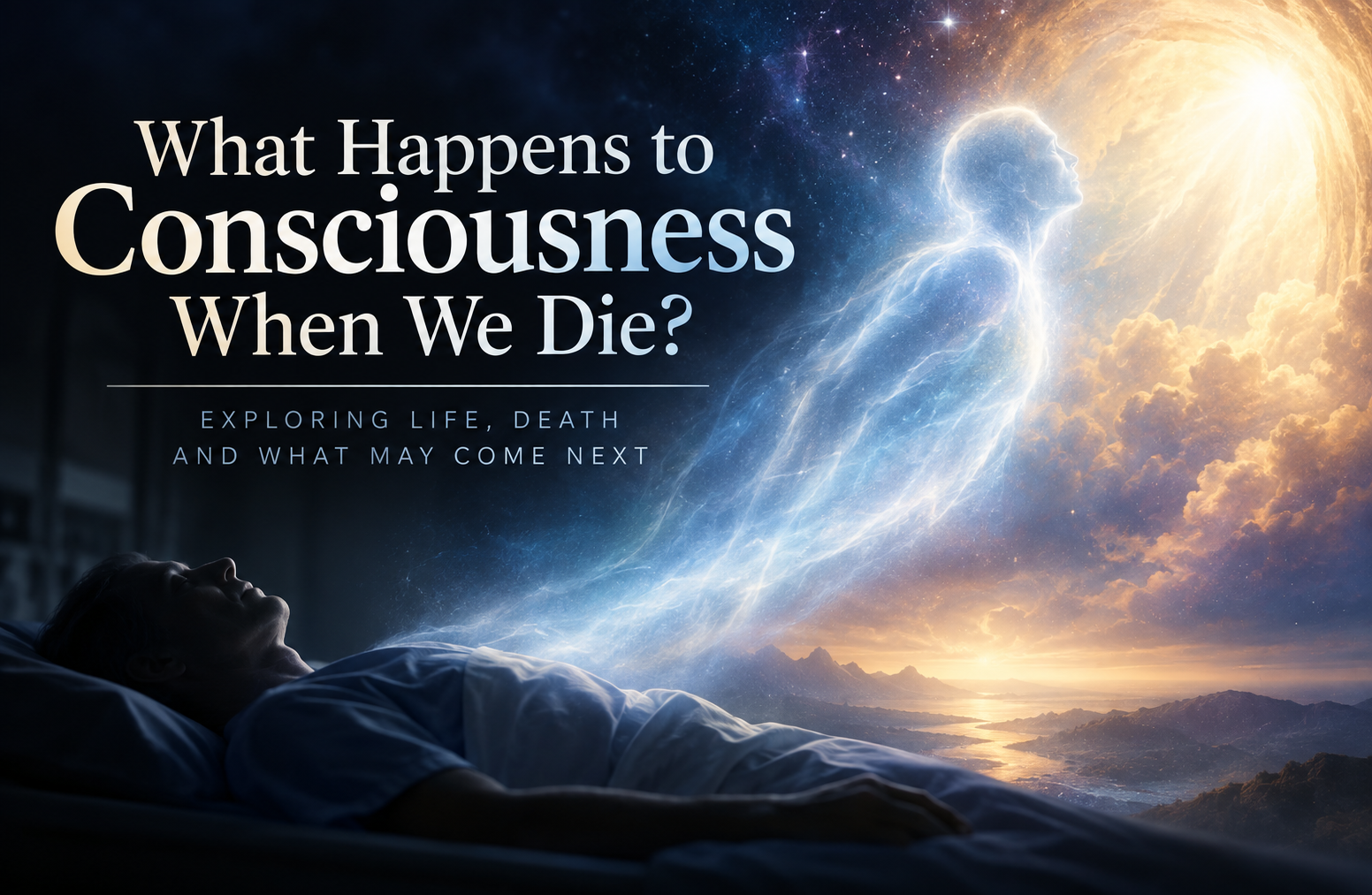 Conceptual illustration of a glowing human consciousness rising from the body toward a bright light, representing the question of what happens to consciousness when we die.