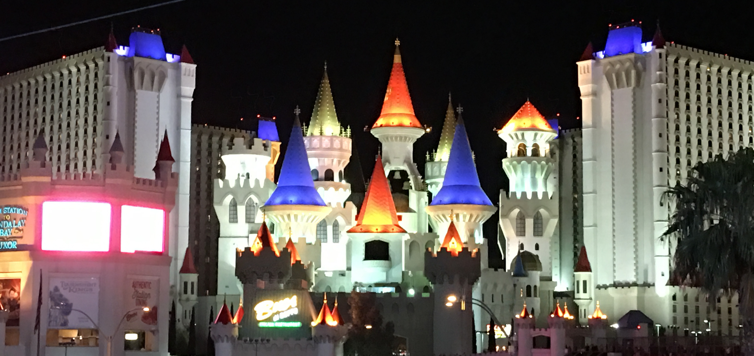 Excalibur Hotel and Casino lit up at night on the Las Vegas Strip