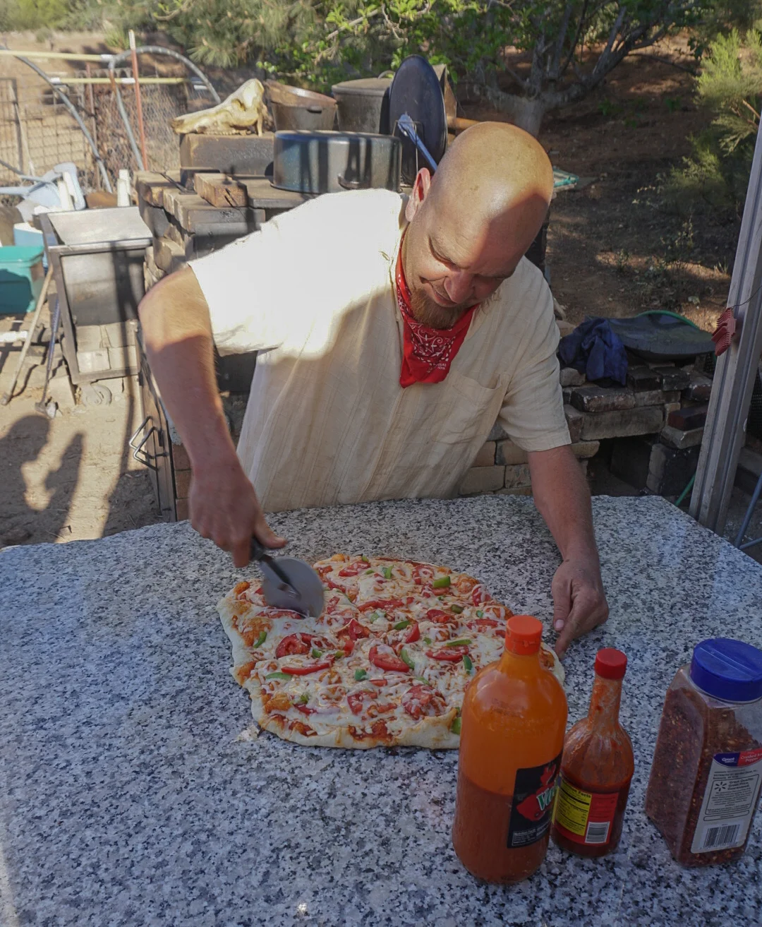"Off Trail" cutting up some fresh brick oven pizza for us hikers, you da man!