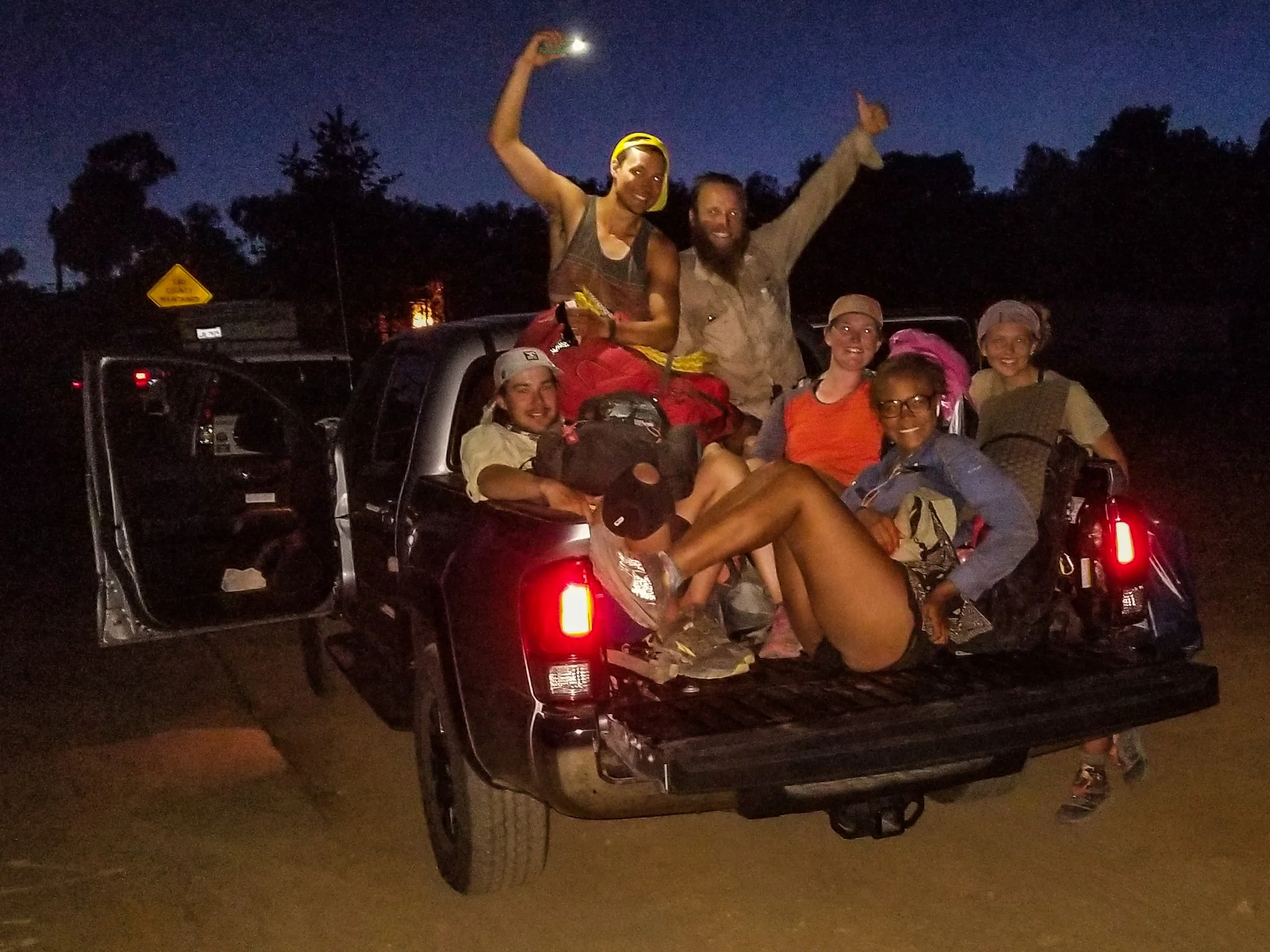 Truck full of hikers and packs. Thanks for the lift Fred!