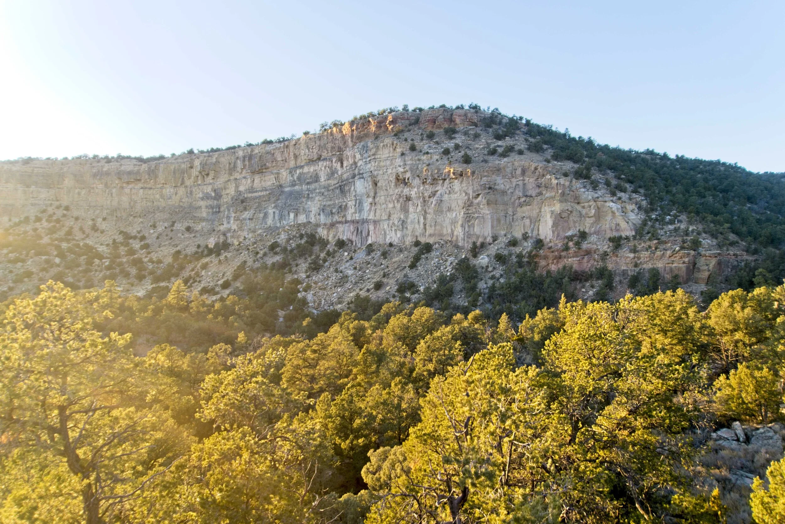 Golden hour lighting up some cliffs and trees.