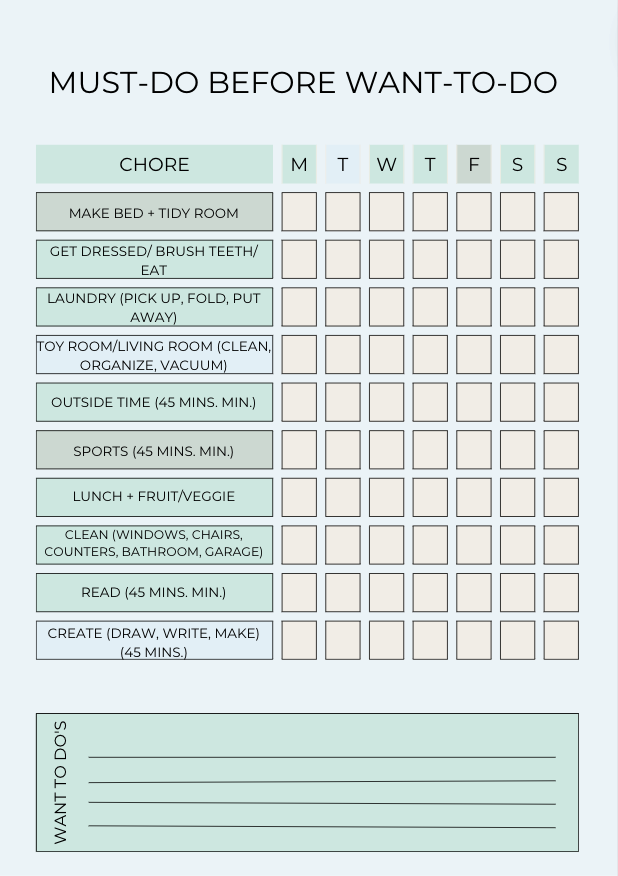 Kids Weekly Chore Chart