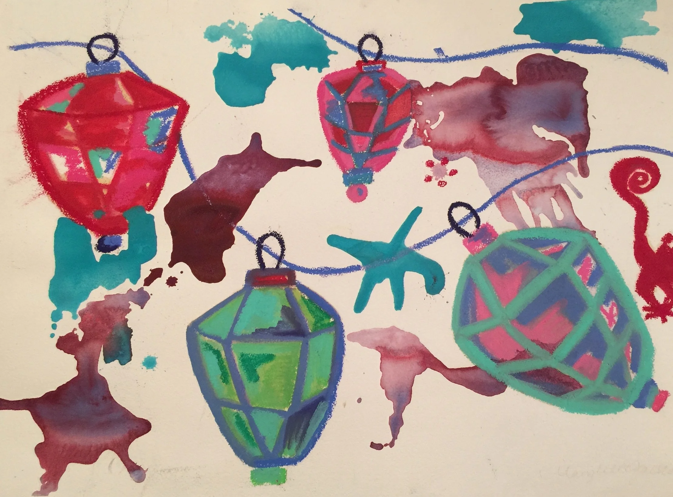 Mixed media on watercolor paper. 