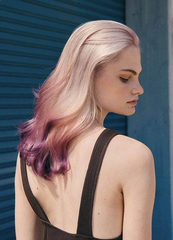 Goldwell violet dipped hair colour on model