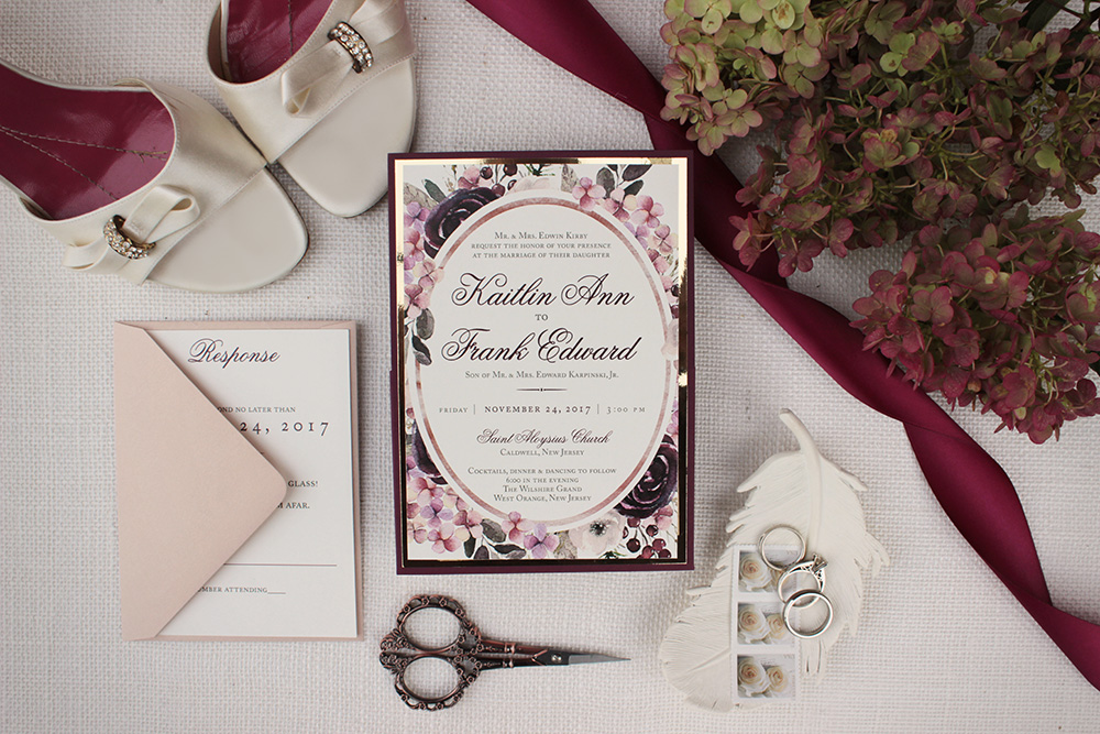 Rich red hues and watercolor floral gold mirror wedding invitations | Art Paper Scissors