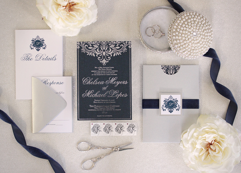 Elegant black and silver foil damask wedding invitations | Art Paper Scissors