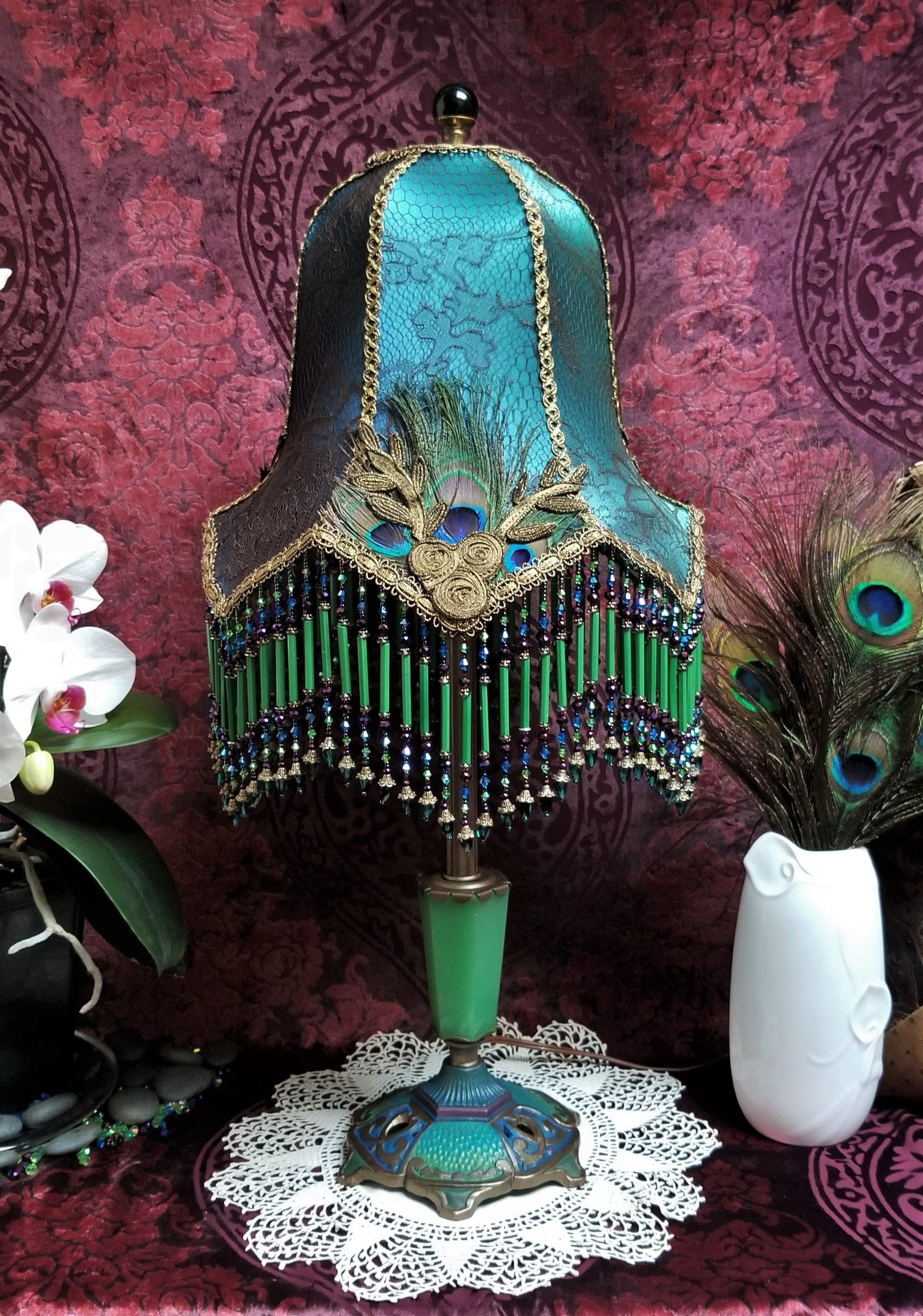 Peacock Theme Victorian Lampshade and Antique Lamp