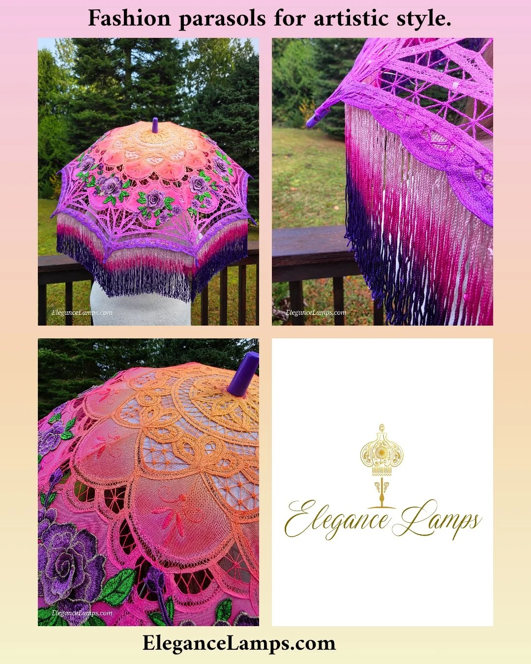 Wedding season is coming! Look your best with a parasol by Elegance Lamps. A beautiful ombre fade with ombre fringe and pink LED lights! Handmade with love and attention to detail, this parasol will look beautiful in your photos!✨
.
#parasol #fasion 