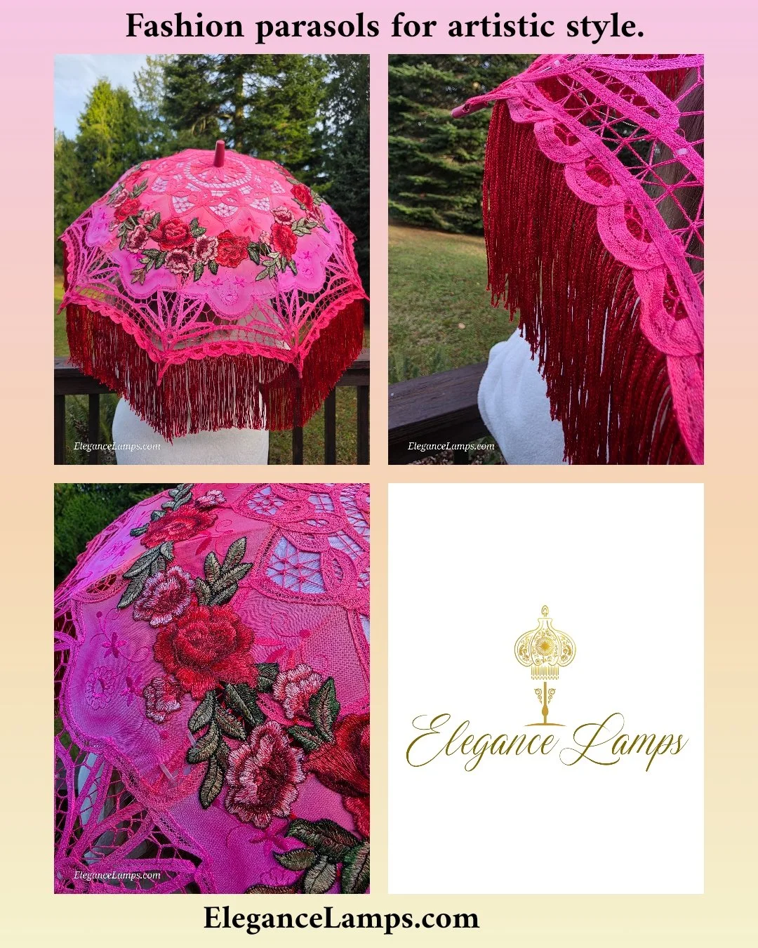 Make a fashion statement with this stylish ombre red to pink cotton lace parasol featuring red dimensional embroideries, red metallic fringe, and red LED lights! Beautiful handmade fashion parasols by Crystal Hayes at Elegance Lamps. Perfect for ever