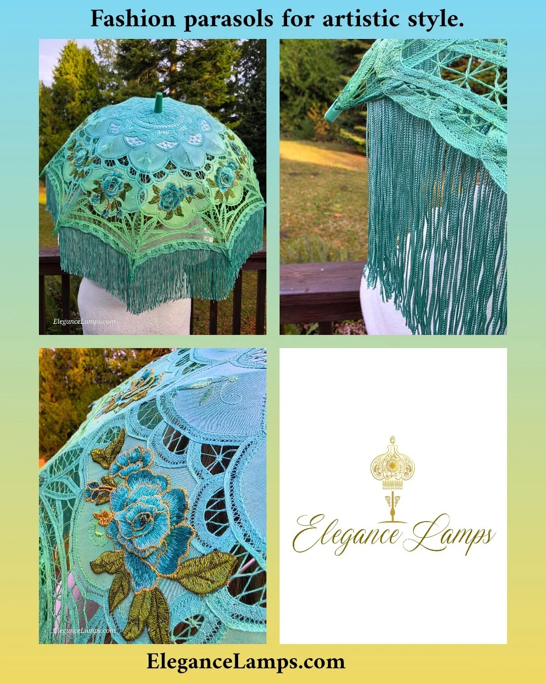 Add a touch of fashion romance with this stylish ombre turquoise to green cotton lace parasol featuring turquiose dimensional embroideries, turquoise fringe, and green LED lights! Beautiful handmade fashion parasols by Crystal Hayes at Elegance Lamps