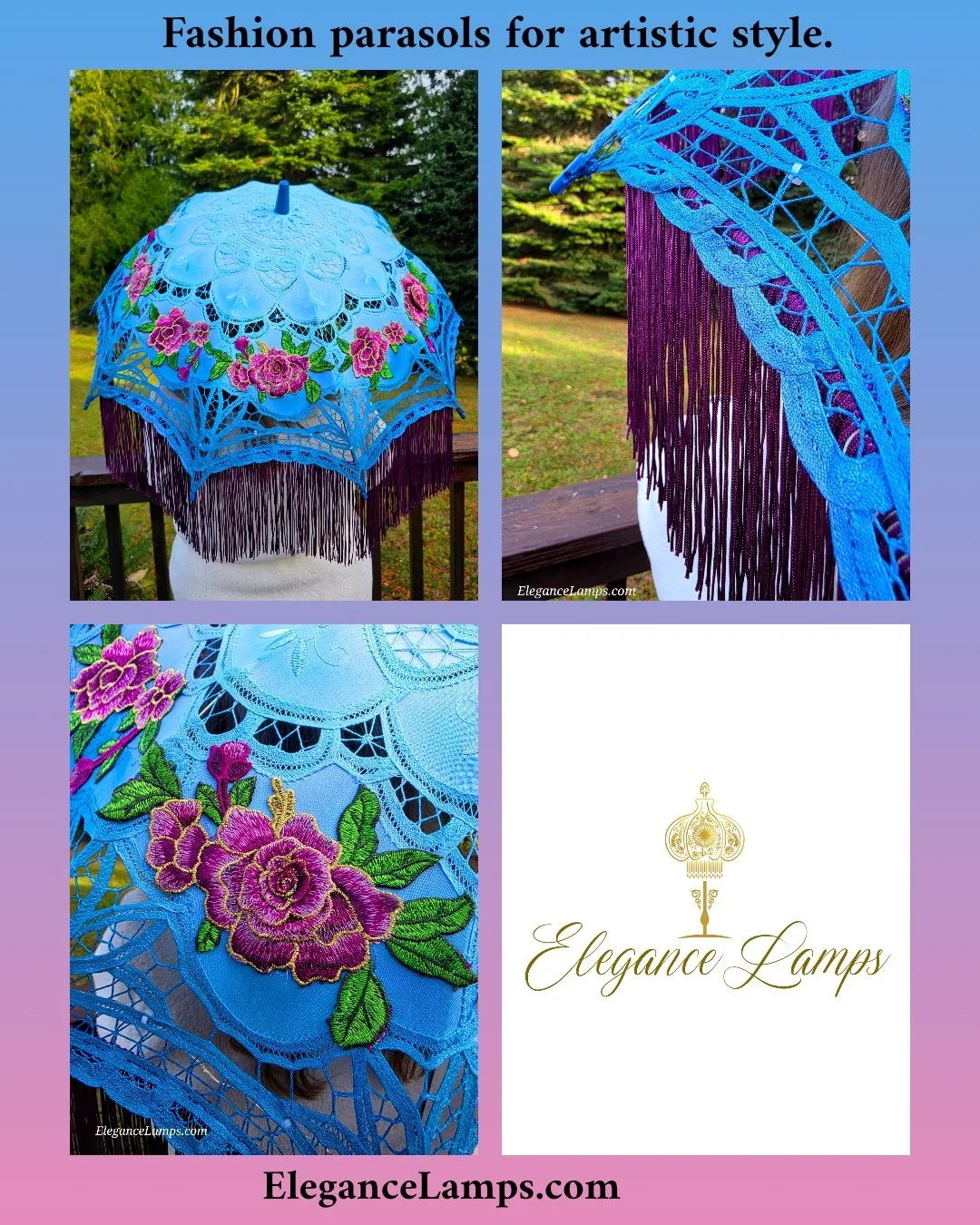 Tap into your inner divine with this stylish ombre light blue to royal blue fade cotton lace parasol featuring wine colored dimensional embroideries, wine fringe, and purple LED lights! Beautiful handmade fashion parasols by Crystal Hayes at Elegance