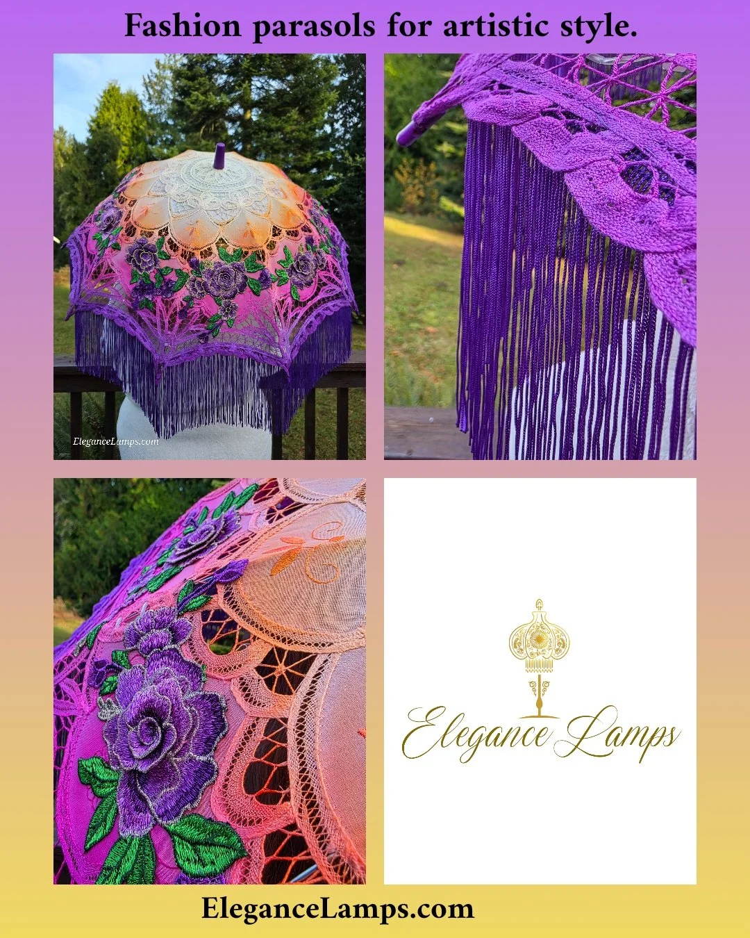 Dress like nobility with this stylish ombre peach to purple fade cotton lace parasol featuring purple dimensional embroideries, purple fringe, and radiant purple LED lights! Beautiful handmade fashion parasols by Crystal Hayes at Elegance Lamps. Perf
