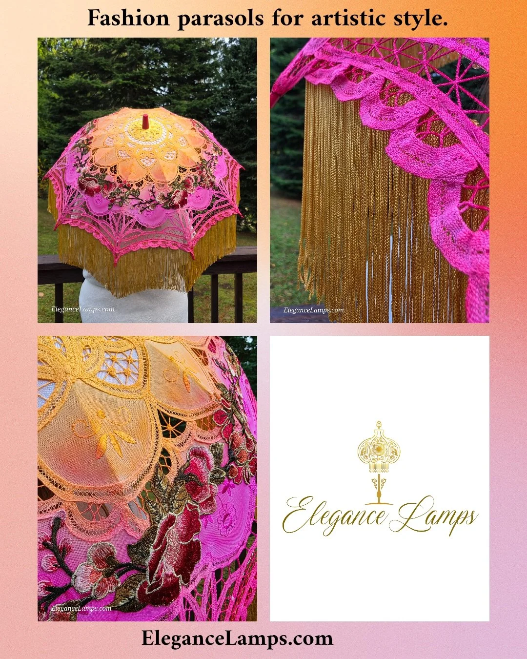 Strike a pose with this stylish ombre peach to red fade cotton lace parasol featuring red dimensional embroideries, classy gold fringe, and pink LED lights! Beautiful handmade fashion parasols by Crystal Hayes at Elegance Lamps. Perfect for everyday 