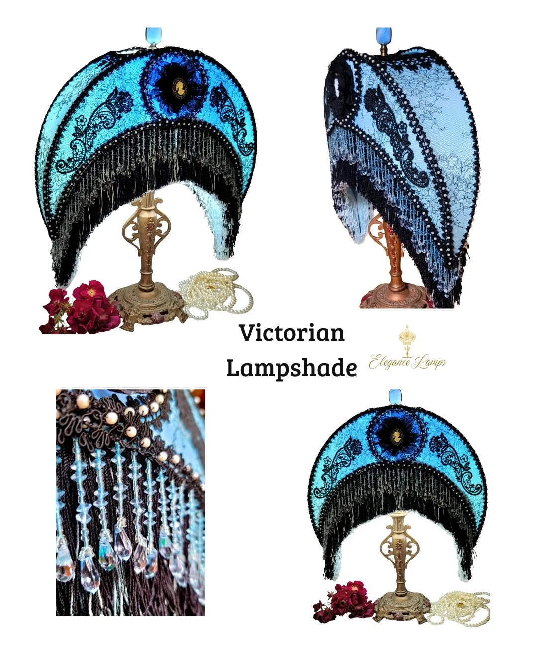 A crescent moon shaped beaded Victorian lampshade in an eclectic color combination! It&rsquo;s Victorian, it&rsquo;s modern, it&rsquo;s Goth! 
Link in first comment.
#victorianlampshades #homedecor #vintagestyle #lampshades #antiques #lighting #gothi