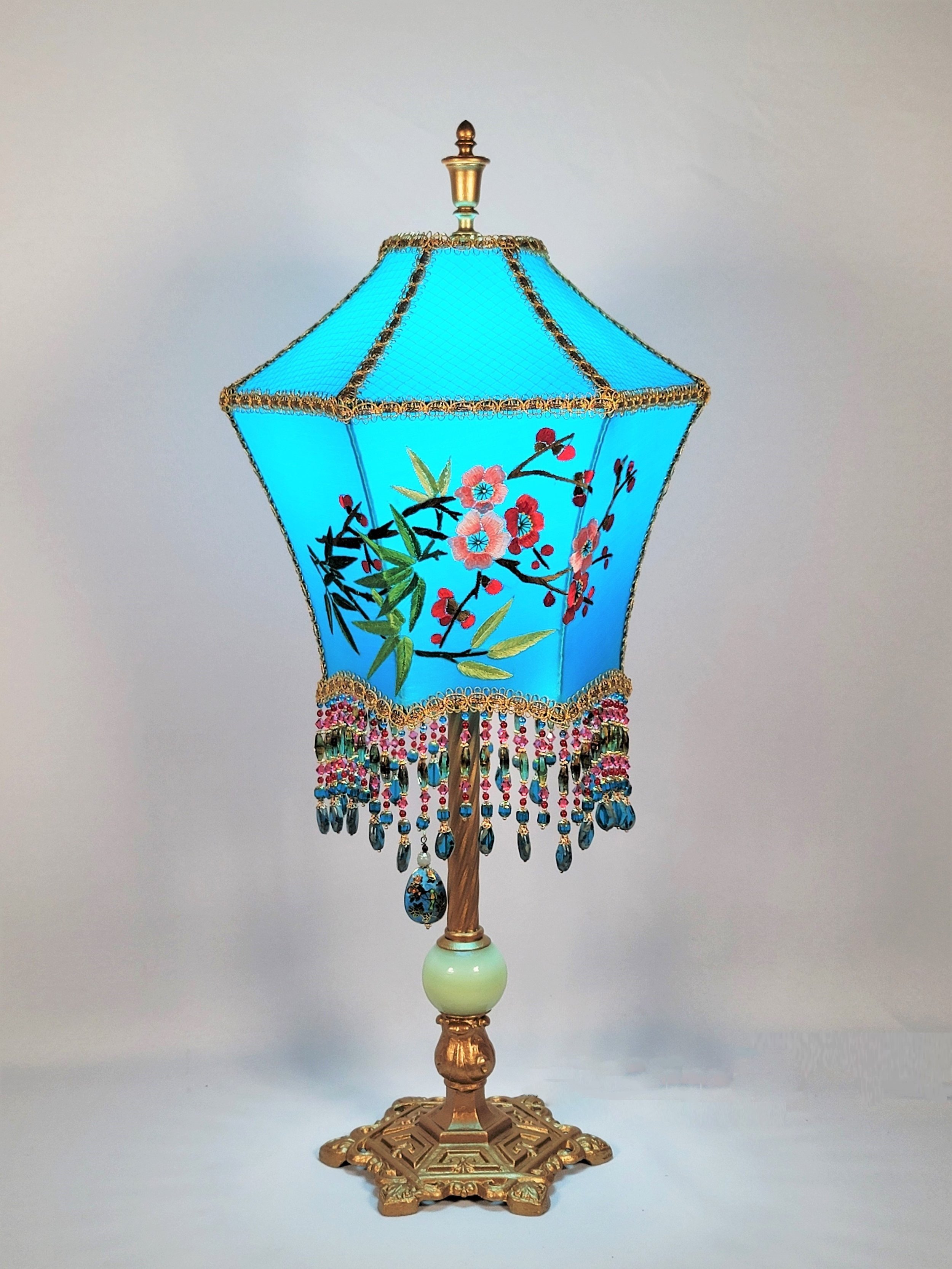 Asian stylized Victorian Lampshade and Antique Lamp