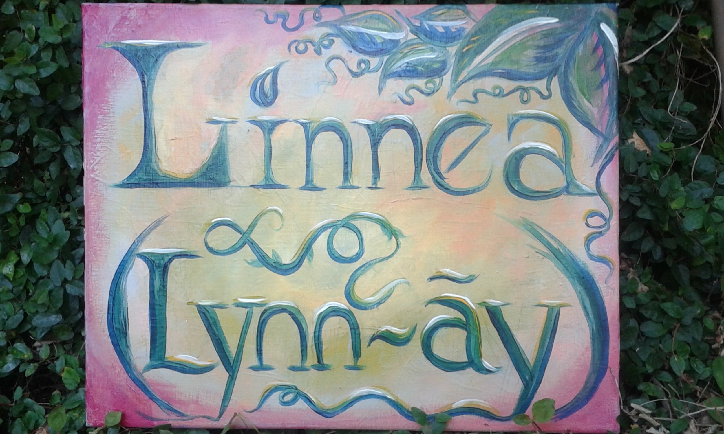 Do you have a special event requiring a colorful painting of the guest of honor's name? Or any other message you would like to convey in a bold manner? This name sign was painted with acrylics in a freehand style without the use of a preliminary sketch or line drawing.