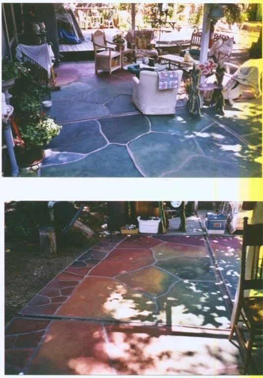 The homeowner of this backyard concrete patio could not tolerate plain gray concrete and had a strong aversion to having real flagstone installed knowing that debris would constantly collect in the mortared joints. The homeowner was also interested in having a very multi-colored surface that would be impossible to achieve with stone. The surface is flush, collecting no debris, and includes almost every color of the rainbow with the exception of pink and purple.