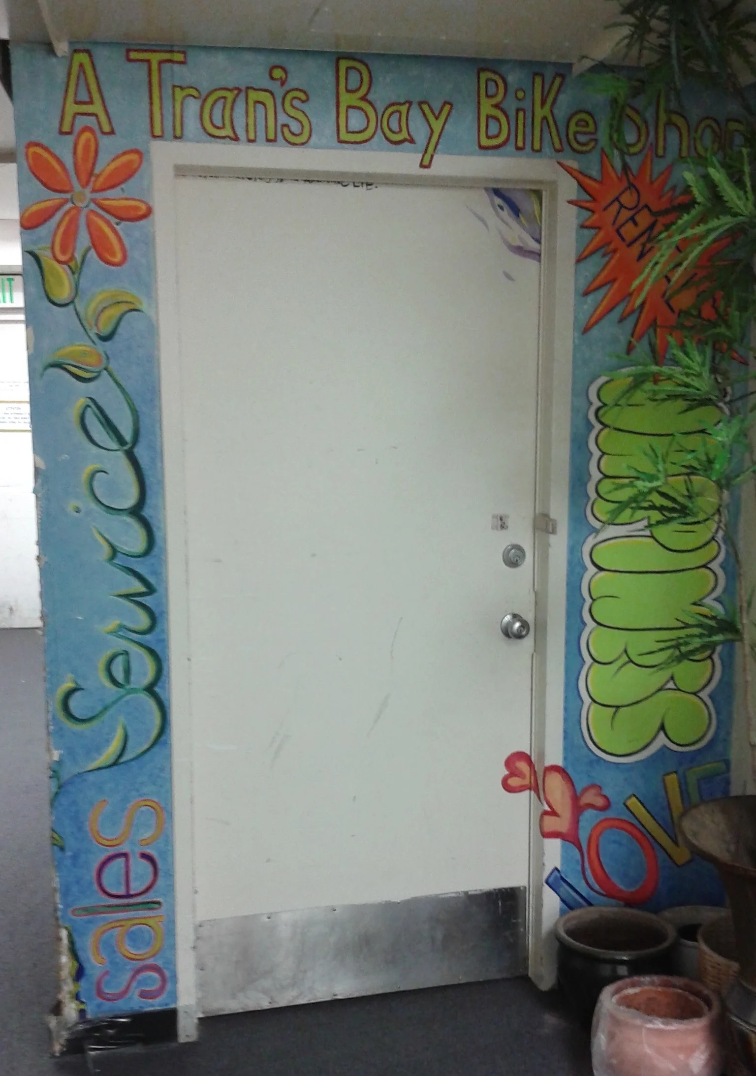 A Tran’s Bay Bike Shop Back Door Custom Mural Entrance located on Treasure Island 