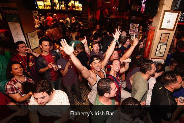 FLAHERTY'S IRISH PUB| +34 934 12 6263 Paddy Flaherty’s is considered one of the best places to watch football in Barcelona. Located in the Ramblas area, Paddy Flaherty’s has multiple HD screens, as well as two king-size projectors for fans to watch football games. Address: Placa Joaquim Xirau