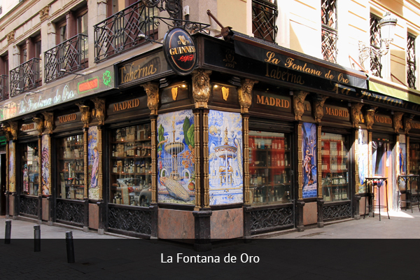 LA FONTANA DE ORO| + 34 914 29 32 1 Located on Calle de la Victoria, La Fontana de Oro is a traditional Spanish bar, offering the perfect mix of drinks and food, as well as plenty of big screens to watch the football matches. Address: Calle de la Victoria, 1, 28012