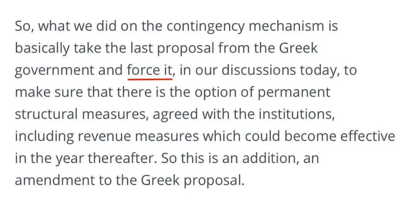 (Extract from Eurogroup communique, with Jeroen Dijsselbloem (President of the Eurogroup of Eurozone Finance Ministers) boasting about 'forcing' Greece to capitulate, 10 May 2016)