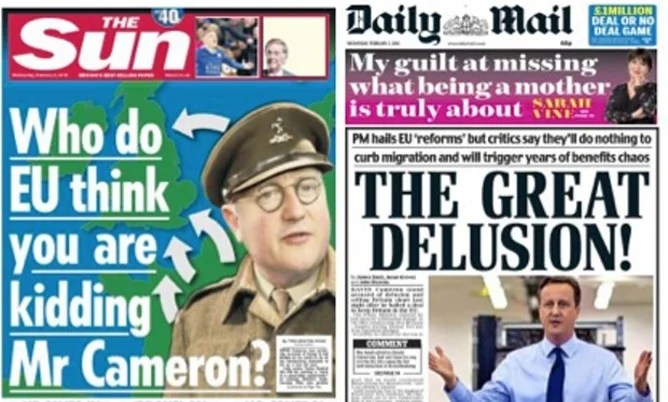 Two of the largest circulation newspapers in the UK savage David Cameron after his 'renegotiation' with Brussels is complete