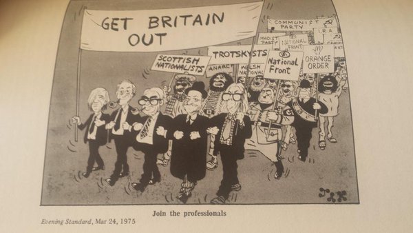 'Join the Professionals' - a slogan used by the Remain campaign in the 1975 Referendum. The image shows Michael Foot, Enoch Powell, and various extremist parties, showing that no major figures near any political power backed leaving the EEC at the time. Remain won in a landslide, by 67% to 32%.