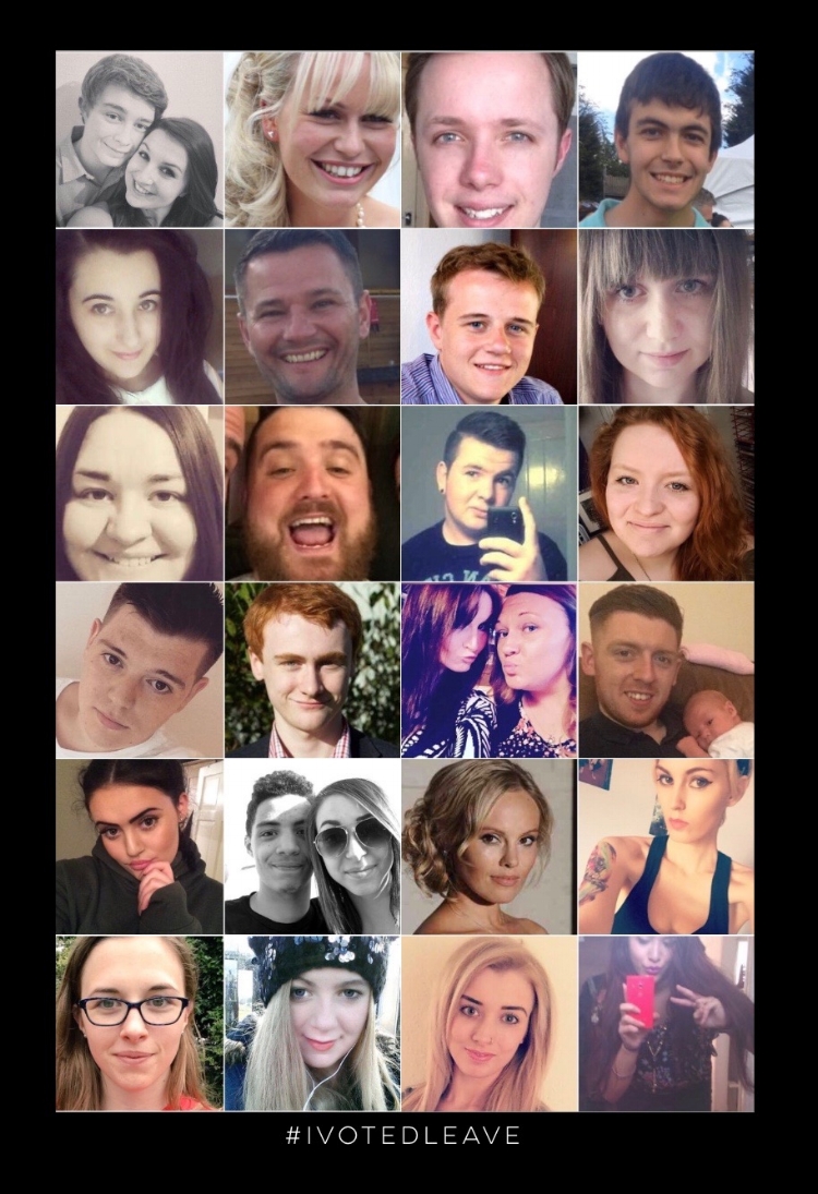 Selection of young user voter profiles from Twitter on the day of the referendum, using the hashtag #ivotedleave (the no.1 trending topic for the day in the UK). Source: Kingdom Comment