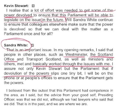 In a debate on 1 March 2016, Sandra White continues to state it is her "belief" that Holyrood had competence to legislate, whilst confirming she was in discussions with Westminster and the Scotland office to delegate powers to put the issue beyond question