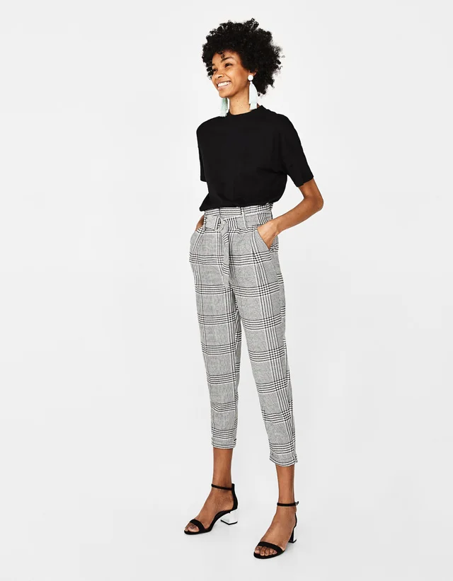 Checked paper bag trousers