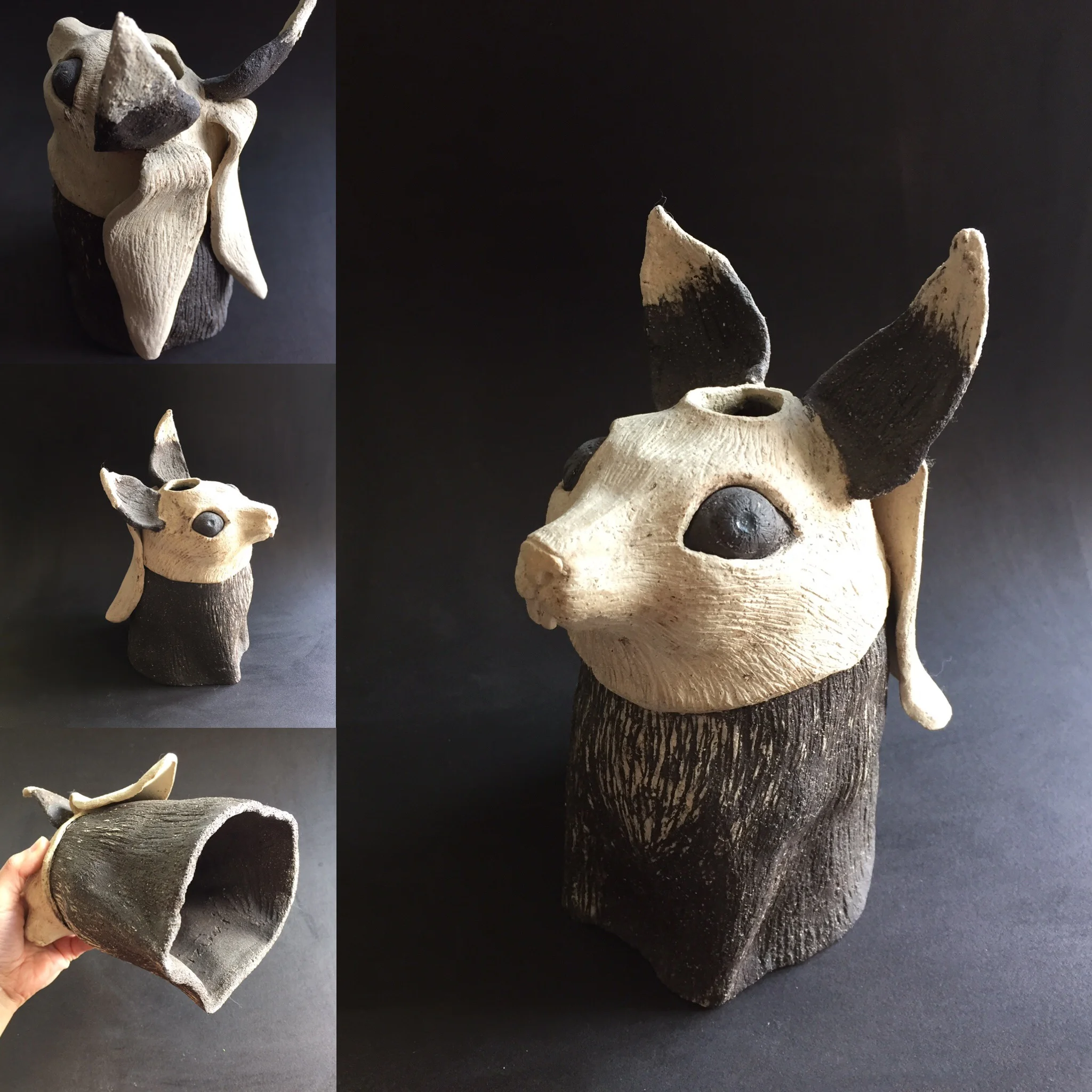 Cache vase - Renard-lapin - grès blanc et noir - 22 cm350€