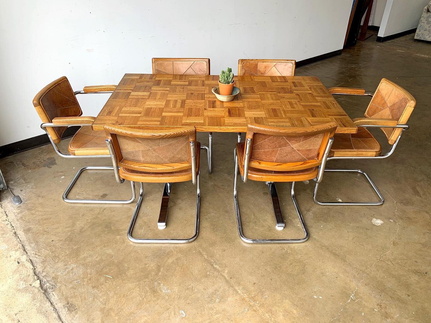 Trying to hide my excitement when I saw this set in person was INSANELY Hard! I&rsquo;ve never seen anything like it and the combo of details makes it crazy special! 

SOLD / Vintage Oak Parquet Table + 6 Leather Patchwork Cesca Style Chairs! 4 side 