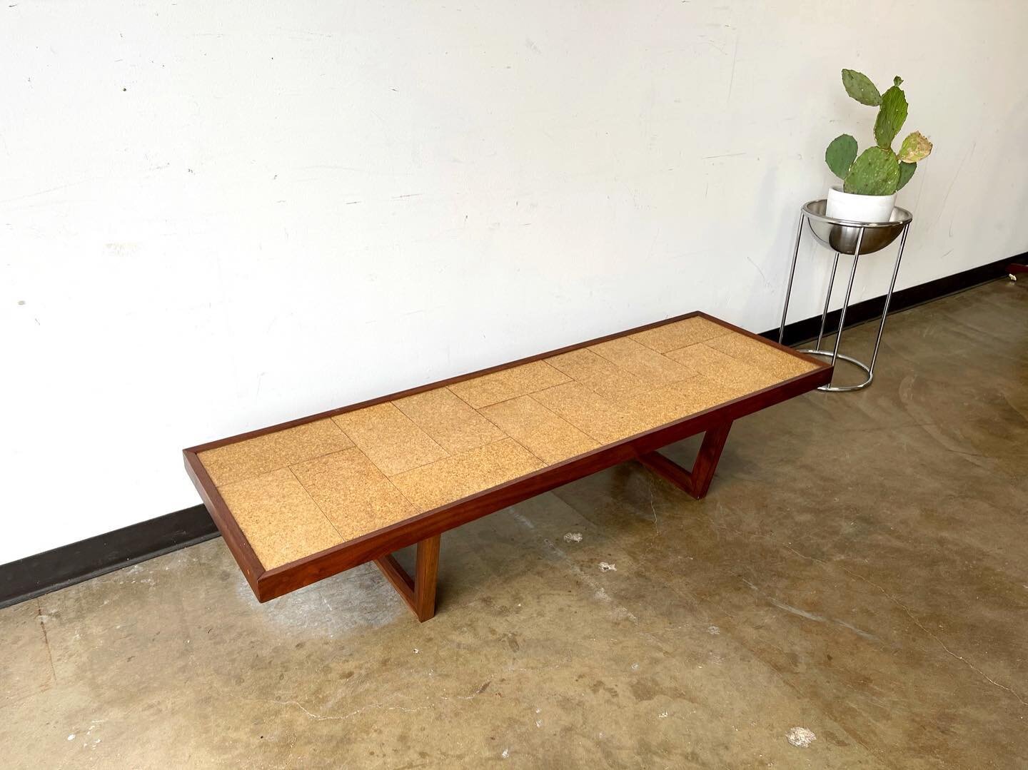 Crushing on this next piece pretty hard! 

Mid Century Modern Cork Tiled + Walnut Coffee Table! Surfboard style at 61.5 long! We love the unique sleigh style legs and tiled pattern on the table top! Tiles are in immaculate condition and minor scuffs/