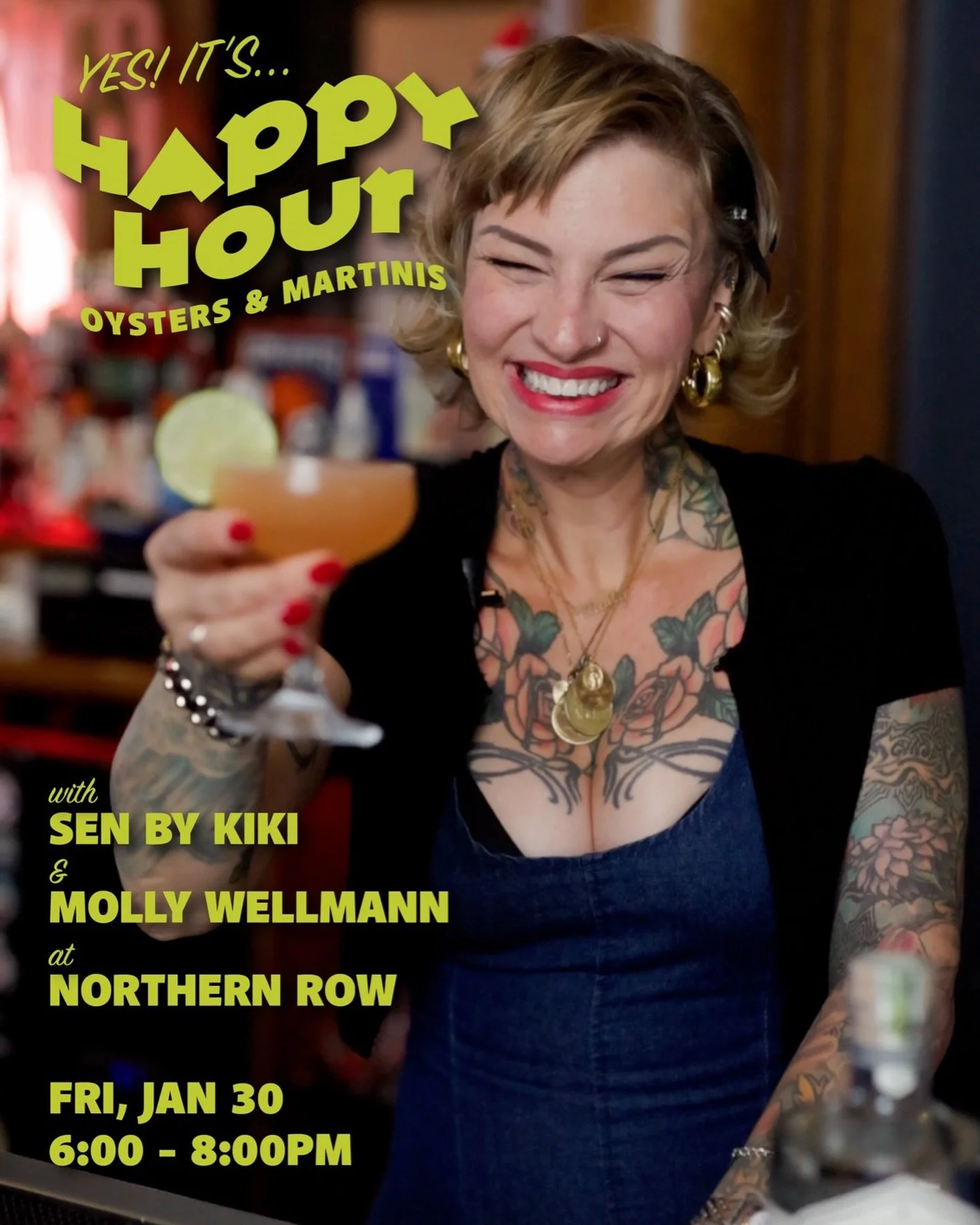 Molly Wellmann x Oyster Happy Hour! 

Friday, Jan 30
6:00 to 8:00pm

Fresh oysters from Sen by Kiki and cocktails by Molly Wellmann, guest bartending behind the bar. Oysters, martinis, and a solid plan for your Friday night.