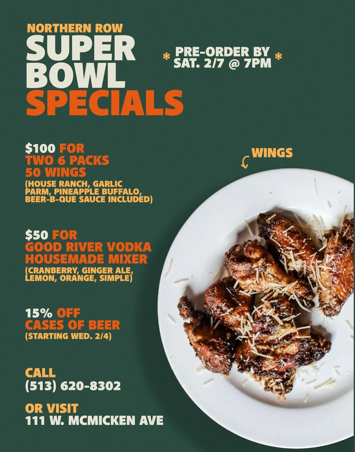 Hey yall we have some specials to help YOU out on Super Bowl Sunday!! 

Get wings, a boozy punch featuring our Good River Vodka, and six packs to go. And starting today you get 15 percent off when you come in and grab cases to go! 

Call 513 620 8302