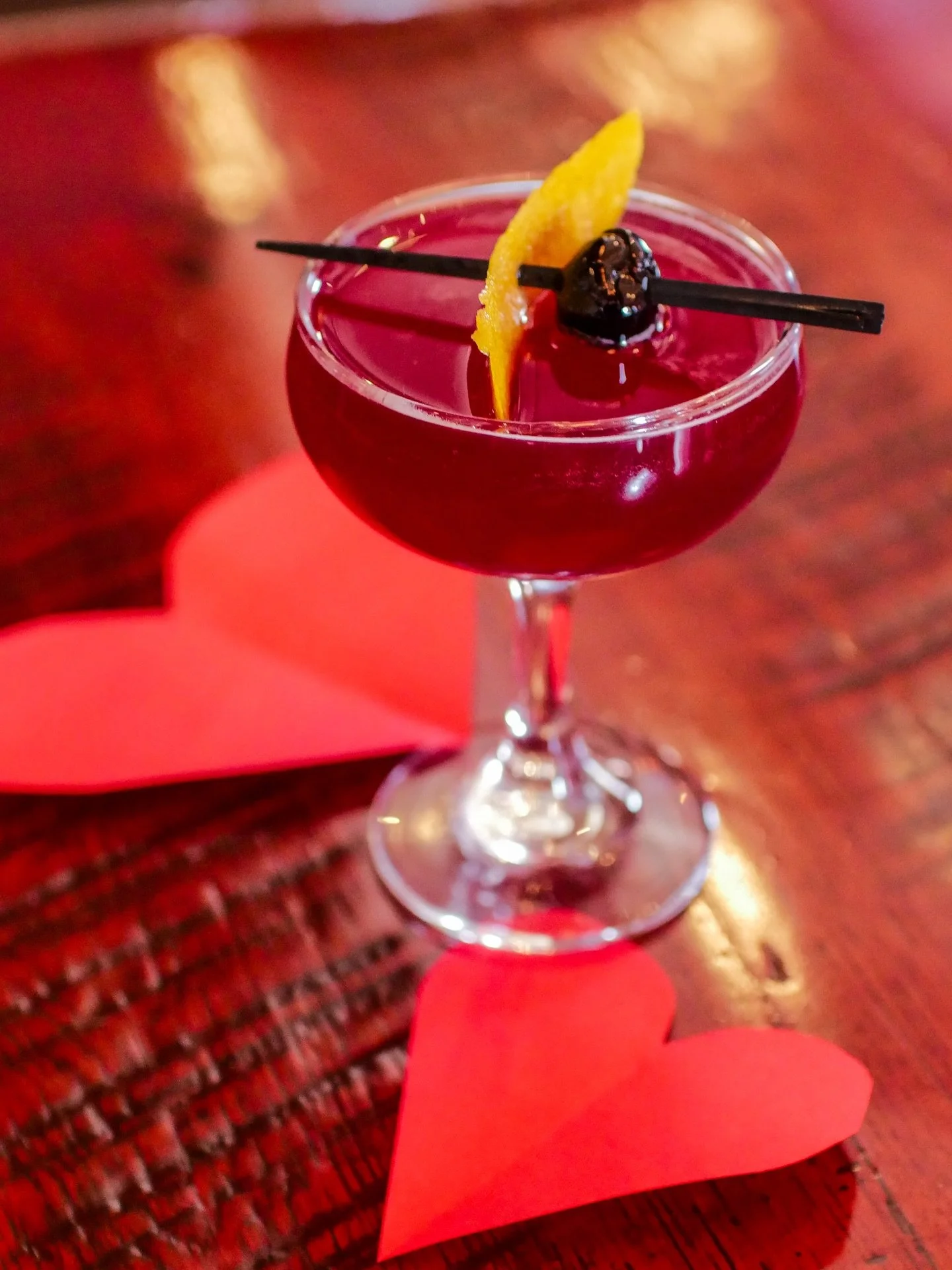 Cupid&rsquo;s Cosmo. 

Made with @goodrivervodka, triple sec, lime juice, cranberry juice, &amp; luxardo cherry juice. Oh, and made with extra love too. Available all weekend.