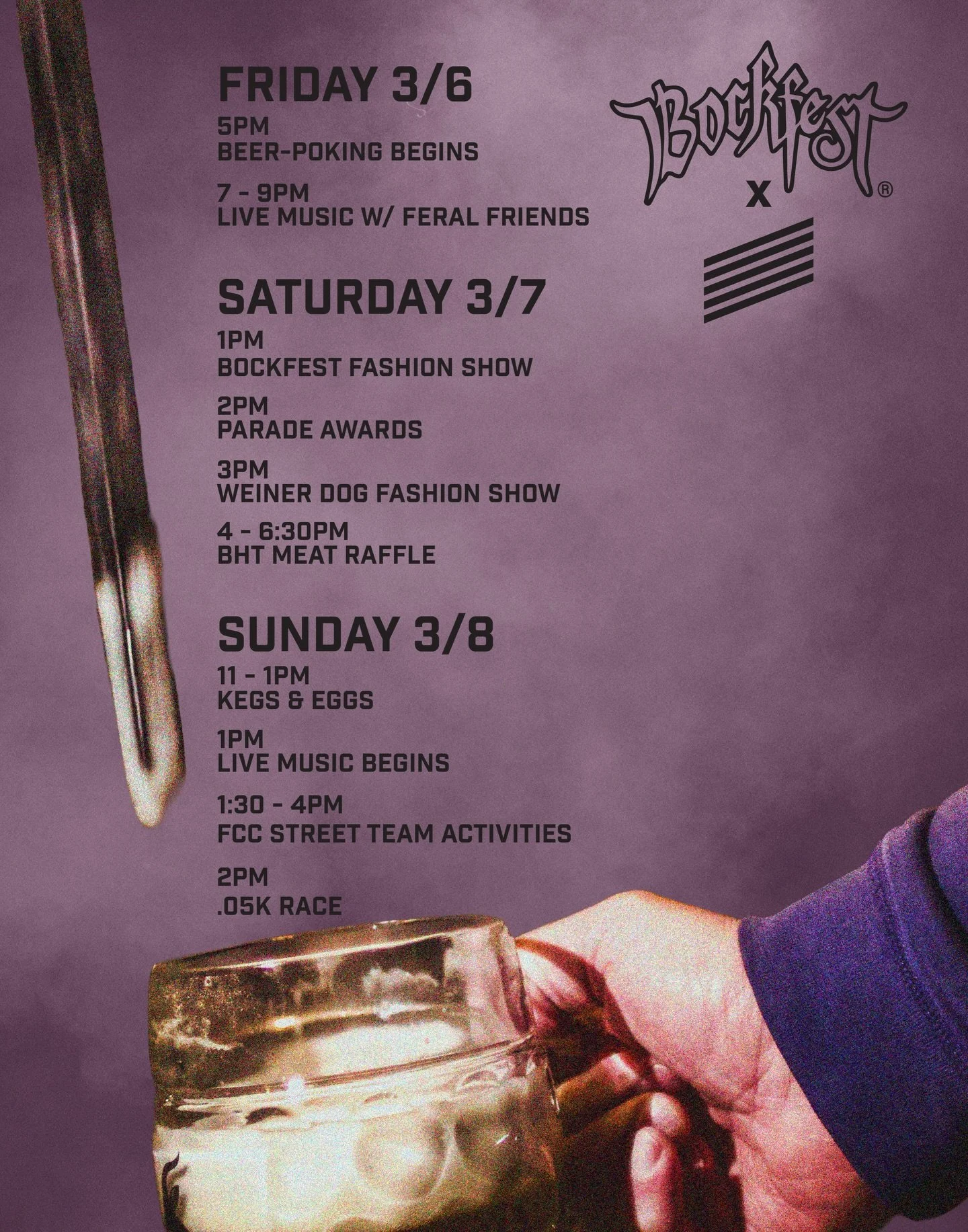 BOCKFEST WEEKEND IS APPROACHING!! 

Fri 3/6
* beer poking begins @ 5pm 
* live music w/ feral friends from 7 -9pm 

Sat 3/7 
* beer poking all day 
* bockfest fashion show @ 1pm
* parade awards @ 2pm 
* wiener dog fashion show @ 3pm 
* meat raffle wi