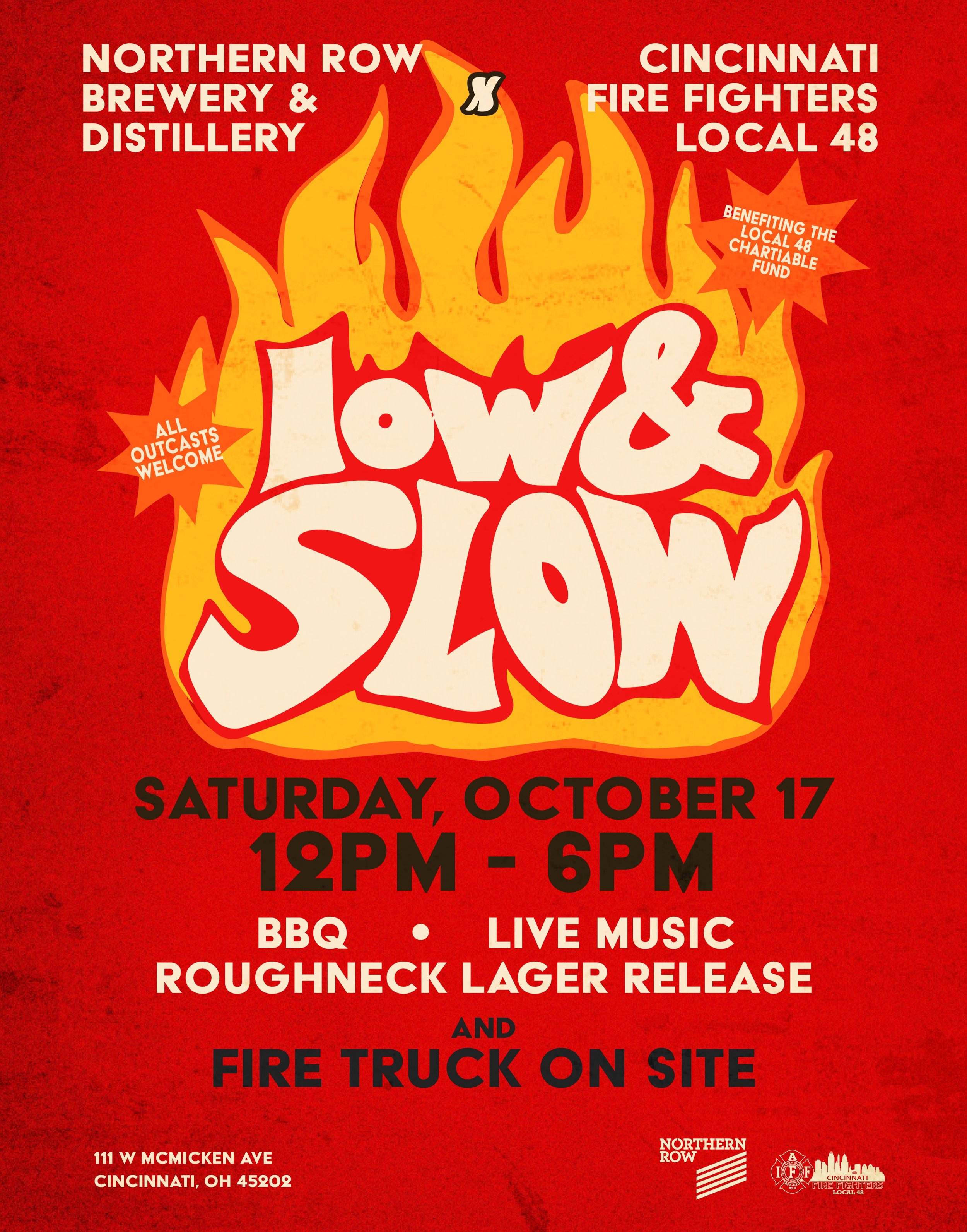 Low &amp; Slow returns for it&rsquo;s second year at Northern Row! 
🔥🔥🔥🔥

Join us Saturday, October 17 from 12&ndash;6p for a day with @iaff48, benefiting the Local 48 Charitable Fund. 

We&rsquo;re bringing back Roughneck Lager, an American Lite
