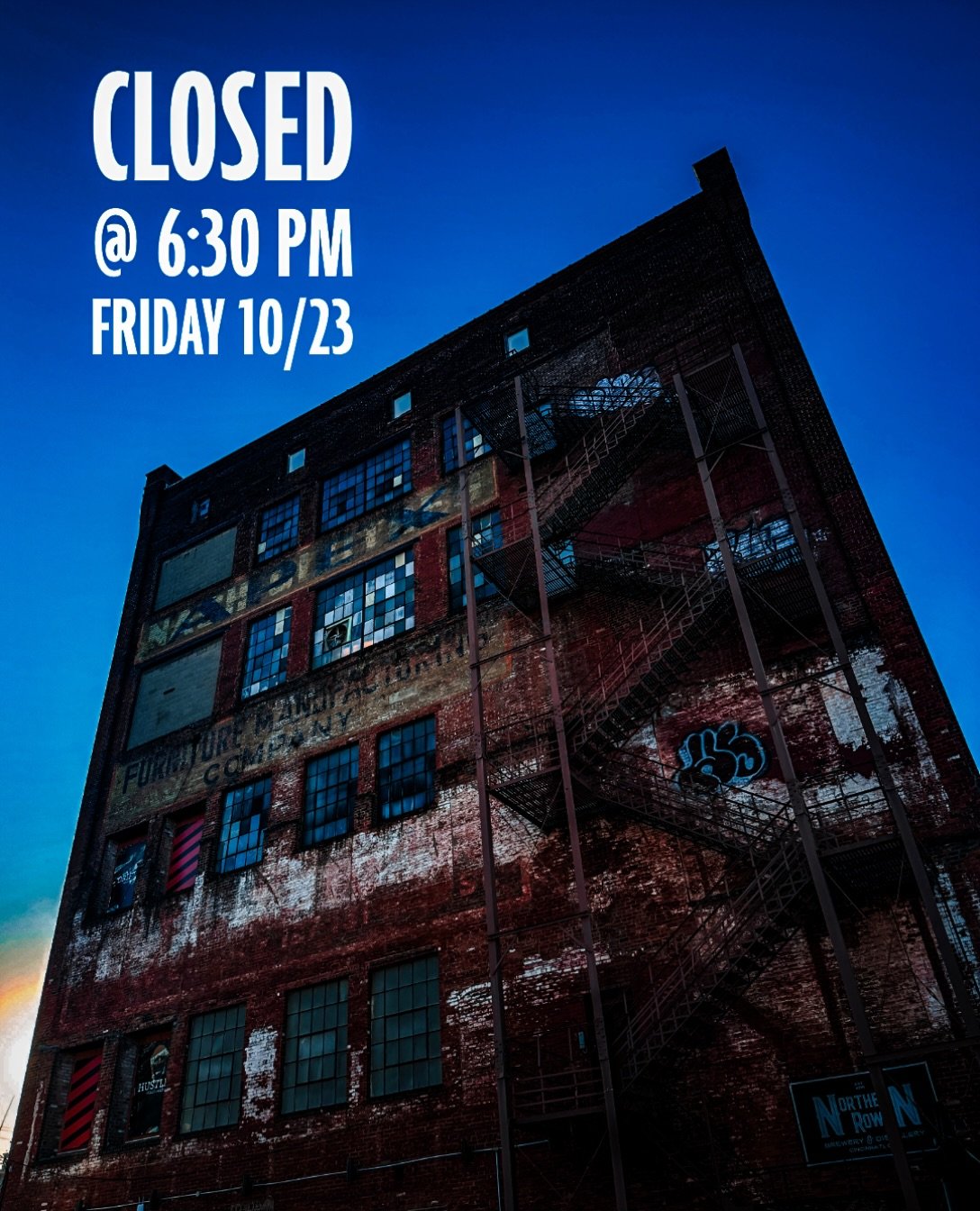 We&rsquo;ll be closing at 6:30pm today, Friday, October 23, for a private event. We&rsquo;re sorry for the inconvenience! We&rsquo;re open starting at noon for lunch, so come on down and see us before then.