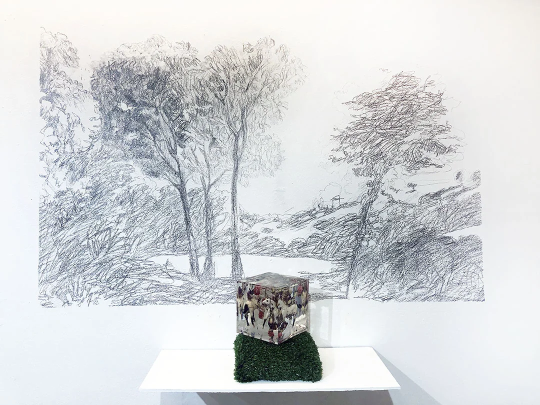 Landscape , Mixed media (graphite drawing, resin, Astroturf), size, 2019