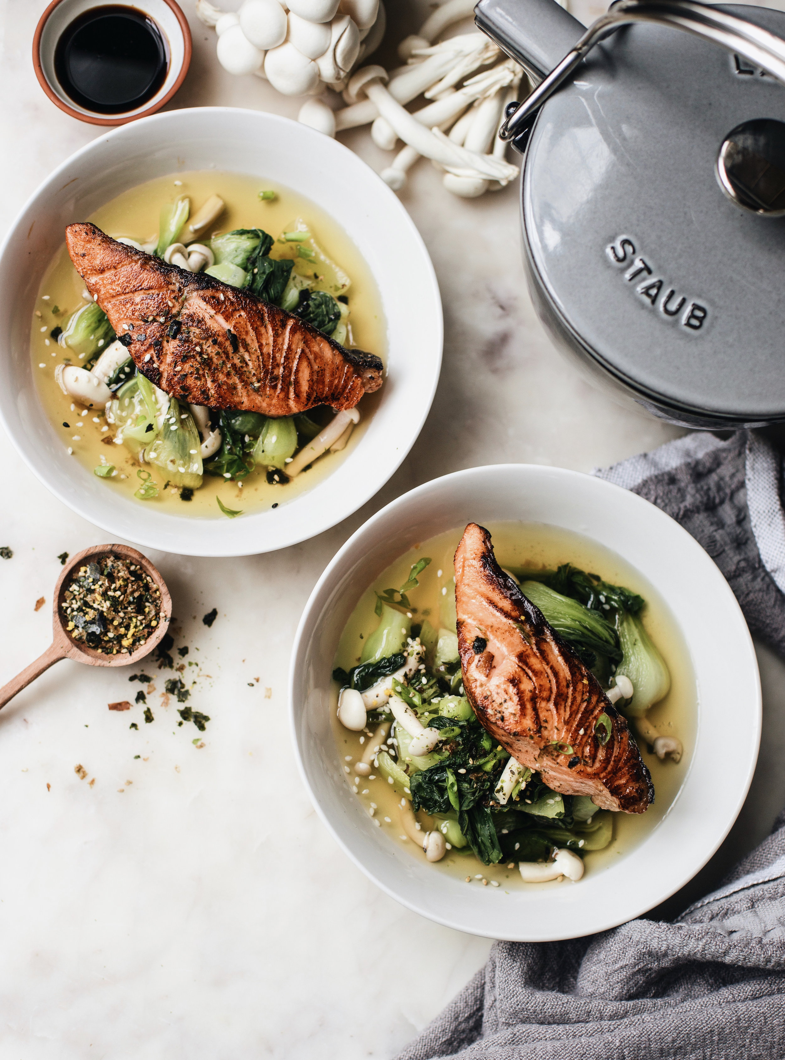 Seared Salmon & Vegetables with Green Tea Dashi — The Daley Plate