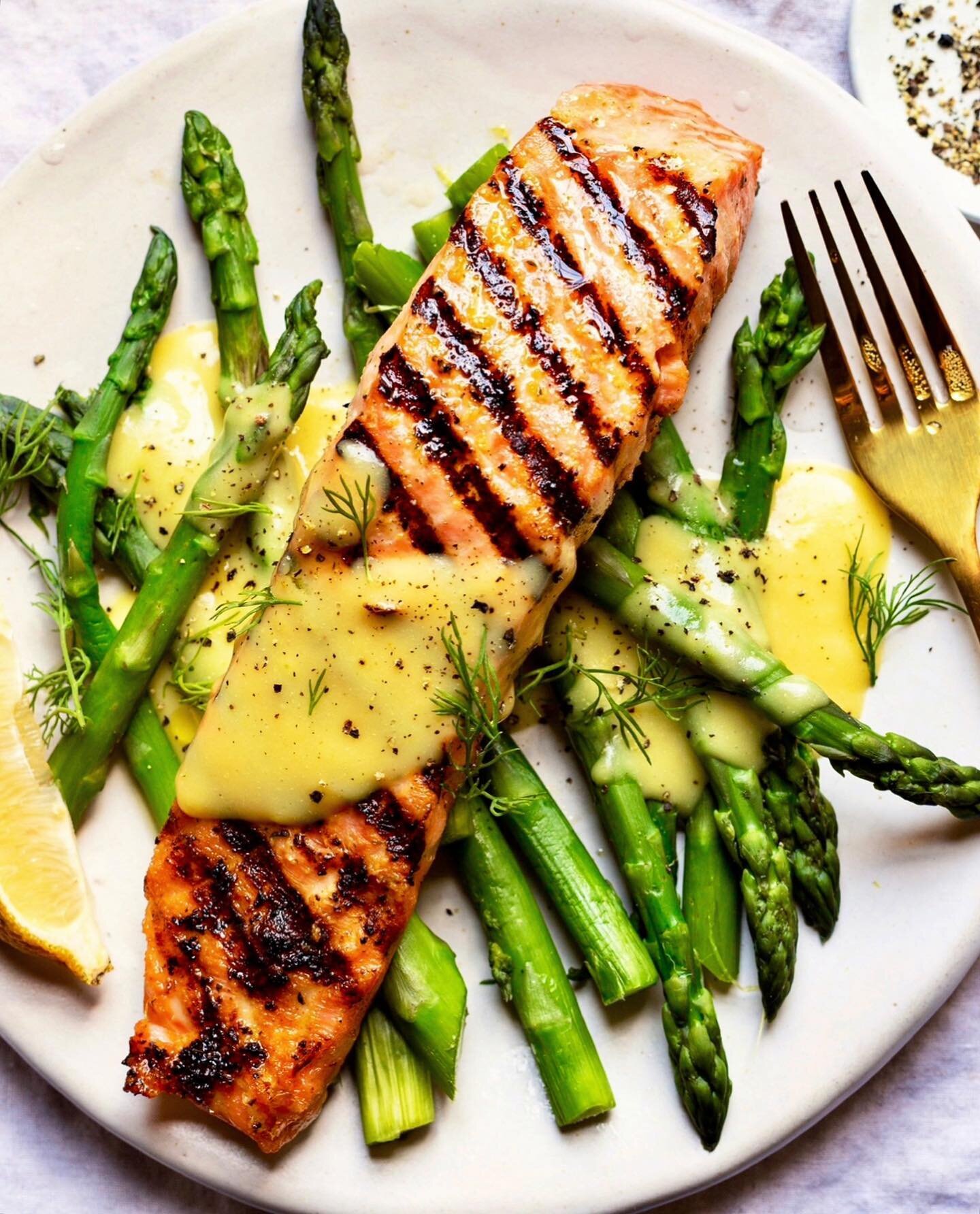 Some spring dinner inspo! This is a delicious way to enjoy trout or salmon with all the asparagus popping up. Season a filet of salmon with salt &amp; pepper, rub the fish itself with olive oil, and grill. Meanwhile steam some asparagus &amp; make a 