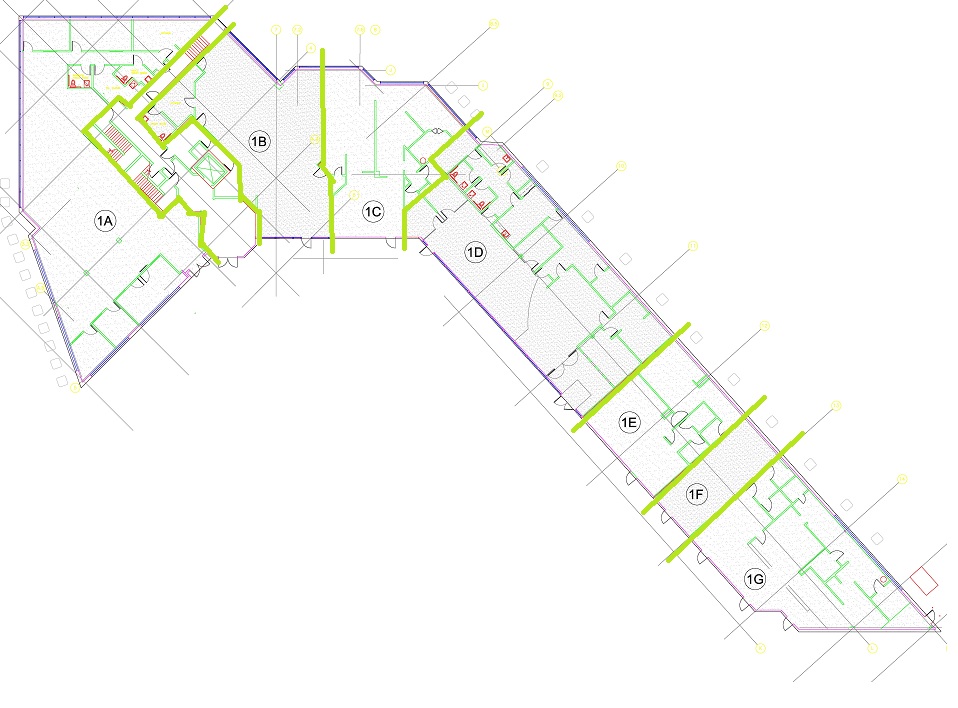 Individual units are designated by circle with letter and number. Units are divided by green lines. 