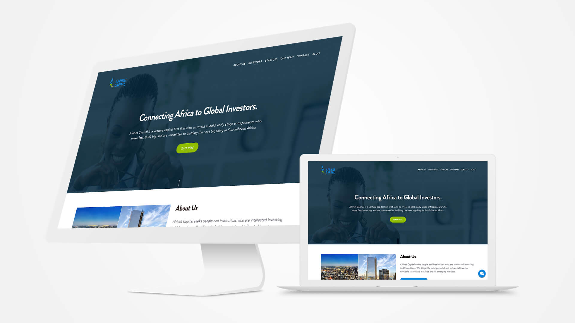 Modus Design Lab Case Study (work) –.Afrinet Capital desktop and laptop mockup.