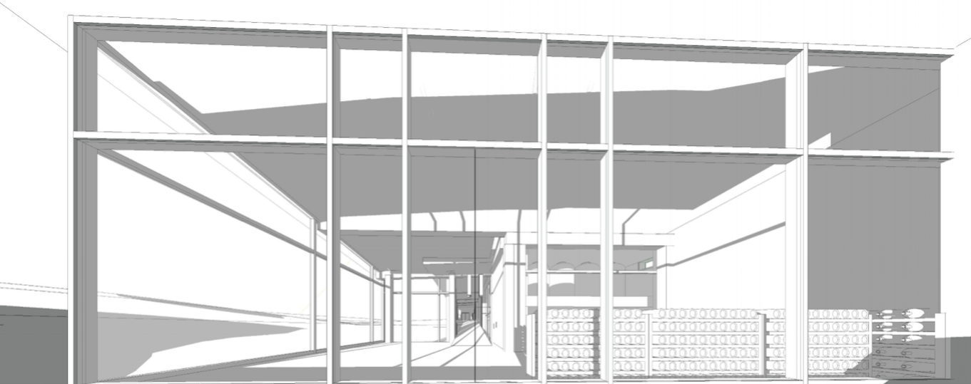 Perspective from under the roof overhang of the outdoor patio tasting room at sunset.